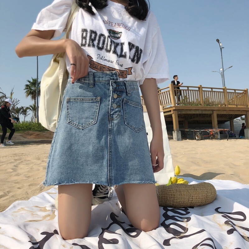 牛仔裙女2018chic韩版高腰a字短裙不规则半身裙ulzzang裙子夏蓝色