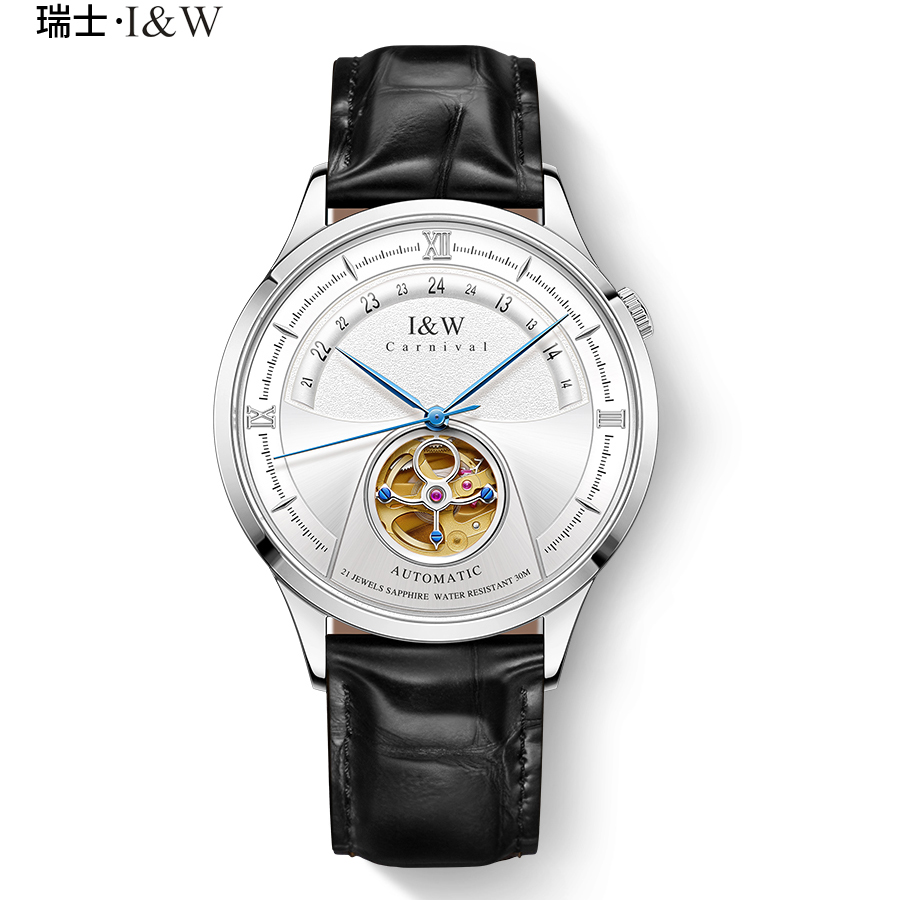 瑞士品牌I&W CARNIVAL男士手表全自动机械表 男表镂空进口机芯防水轻奢时尚皮带男表指挥官系列525G 本色白面