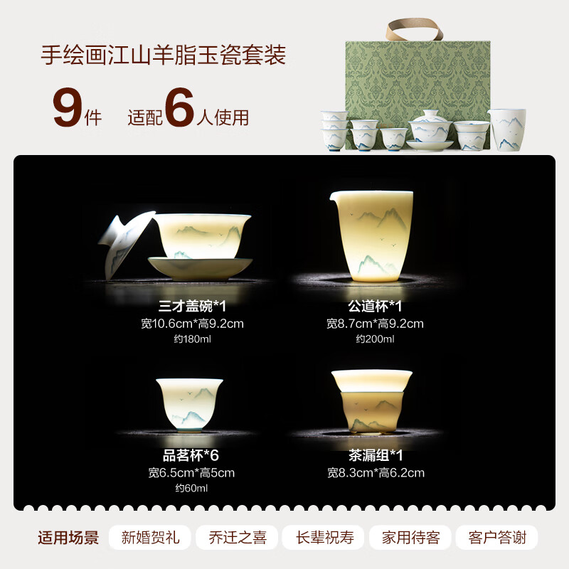 苏氏陶瓷(SUSHI CERAMICS)手绘画江山羊脂玉瓷盖碗茶具套装非遗老师苏爱珍作品_