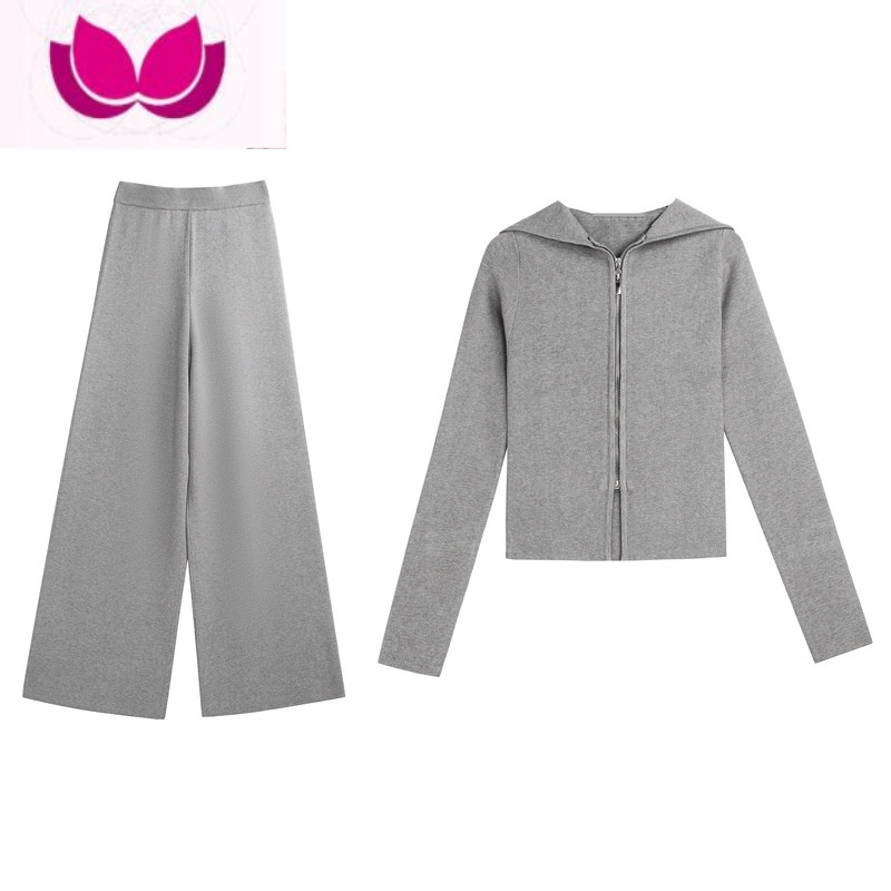 七斓秋季2022减龄网红休闲时尚针织上衣阔腿裤套职业小香风套装女高清大图