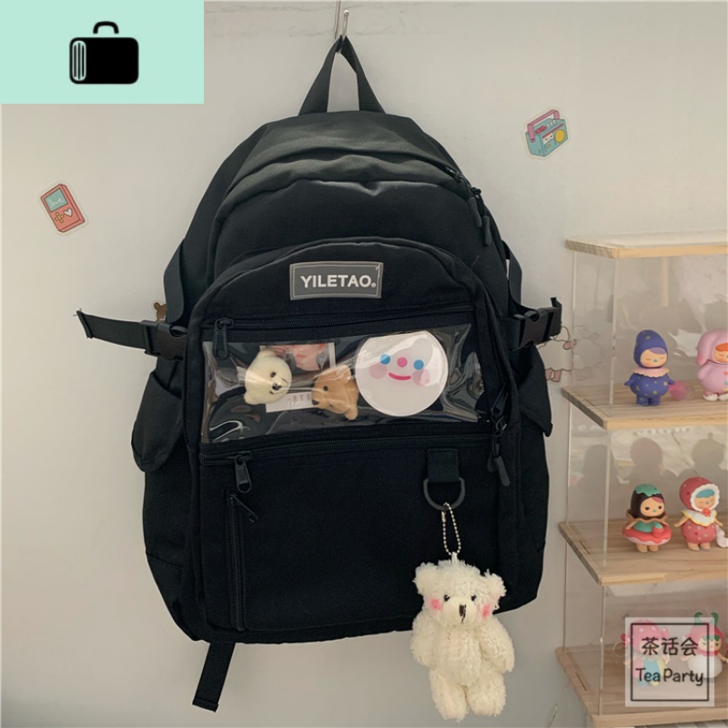 茶话会日系原宿书包女 韩国ins高中学生街拍工装双肩包男旅行背包NEW LAKE 黑色加腮红小熊