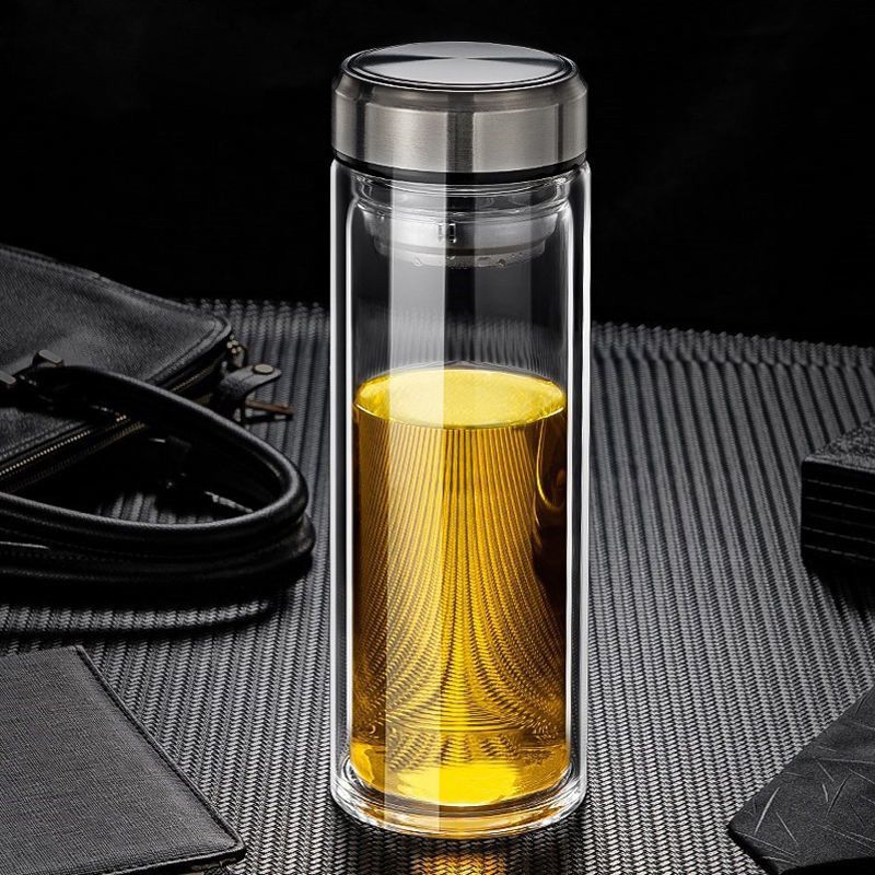 渊之源大容量双层玻璃泡茶杯子200ml550ml男女式水杯带盖微保温普底带