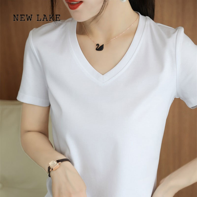 newlake凉感丝光纯棉v领短袖t恤女宽松显瘦白色正肩体恤新疆棉上衣高