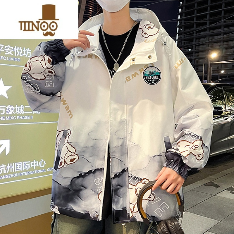 YANXU渐变夹克男款潮牌连帽宽松上衣青少年卡通休闲帅气冲锋衣外套