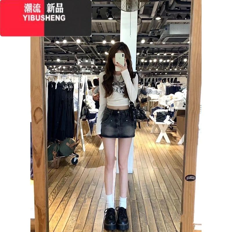 YIBUSHENG美式复古长袖t恤女春内搭短款高腰露脐打底衫辣妹修身上衣服图片