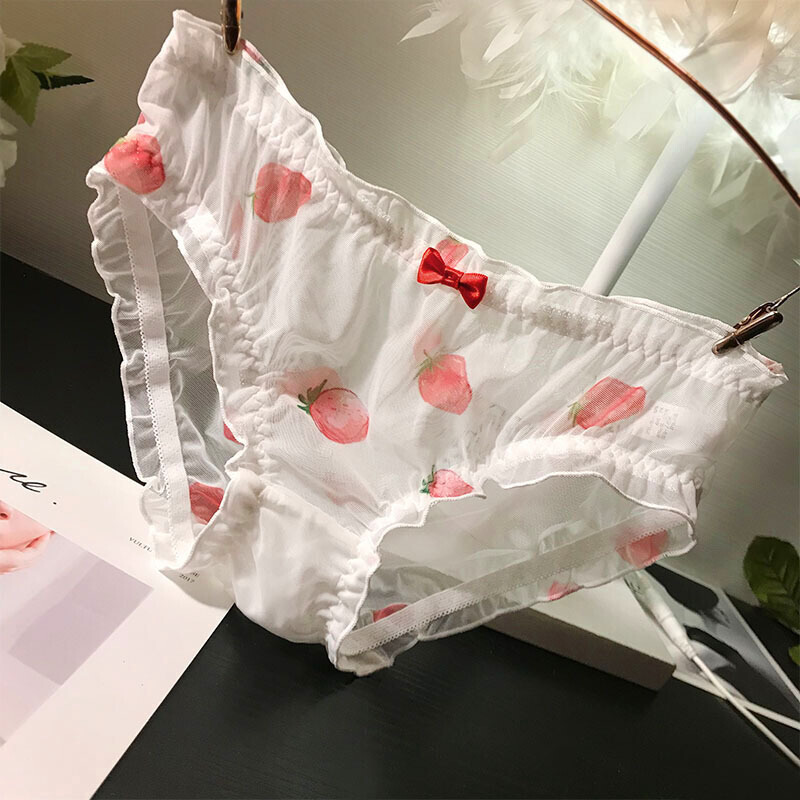 波迷娜(BOMINA)雷丝内裤女全透明日系少女莓图案女士内裤性感网纱蕾丝透明中低腰女学生底裤