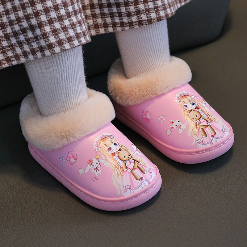 加厚儿童拖鞋超萌PU皮面防水可爱公主防滑男女卡通亲子鞋高清大图