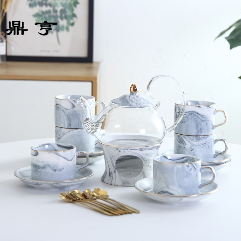 鼎亨大理石纹耐热花茶具套装陶瓷蜡烛加热煮水果茶杯欧式玻璃花