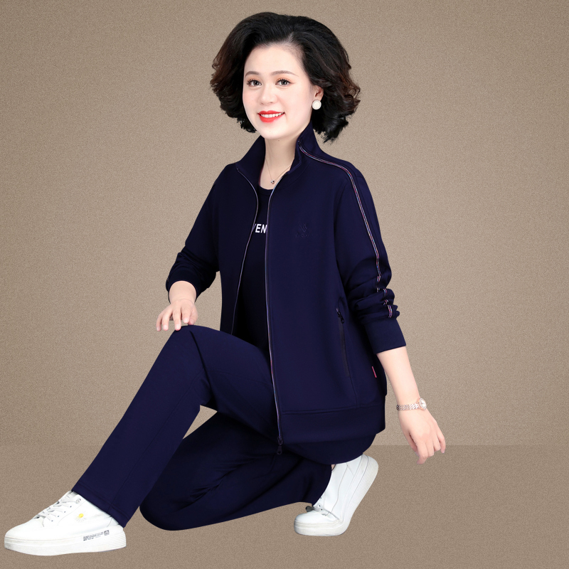 均妮 中老年运动套装女春秋款大码运动装妈妈装中年妇女休闲运动服三