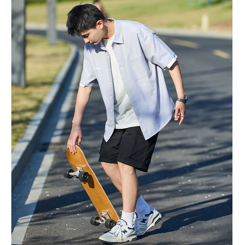 [2.5折价93元]唐狮夏季新款短袖衬衫男纯色日系休闲上衣宽松百搭男士外套潮