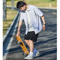 [2.5折价93元]唐狮夏季新款短袖衬衫男纯色日系休闲上衣宽松百搭男士外套潮