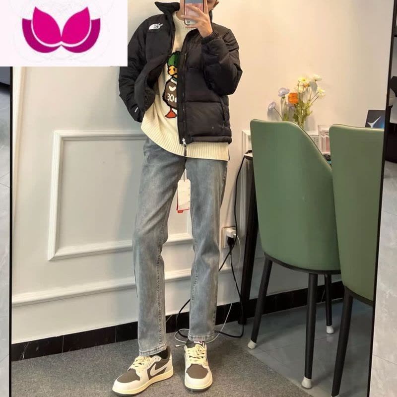 七斓2023韩版ins超火浅蓝牛仔裤男士修身直筒裤百搭潮流九分长裤图片