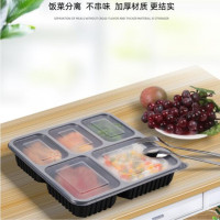 丰甲一次性黑底透明盖快餐饭盒ZR-335长方形五格加厚塑料带盖碗200只装