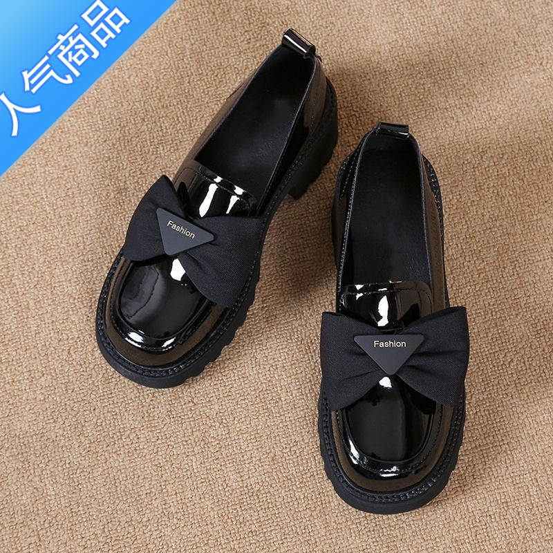 SUNTEK软皮单鞋女厚底2023夏季新款一脚蹬乐福鞋女蝴蝶结漆皮鞋女英伦风高清大图