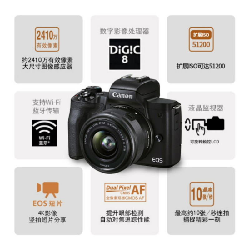 佳能(Canon)EOS M50 Mark II M50二代 微单数码相机 EF-M 15-45mm 套机 黑色
