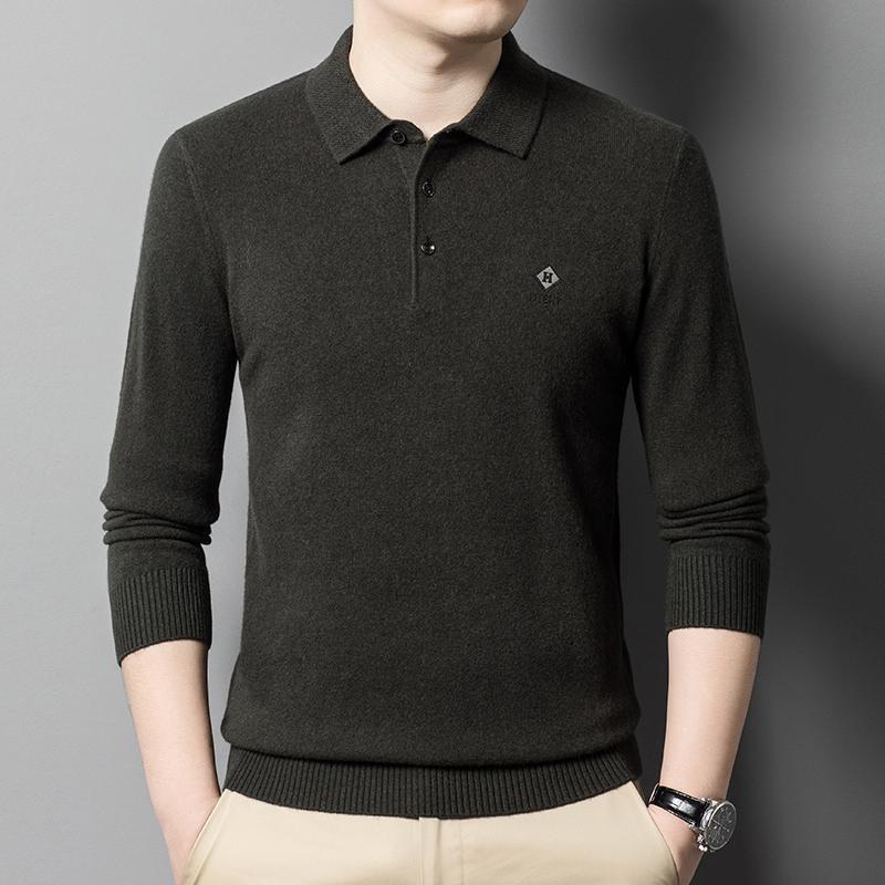 恒源祥品牌新款男装服饰翻领100纯羊毛衫男士针织衫中年男式毛衣打底