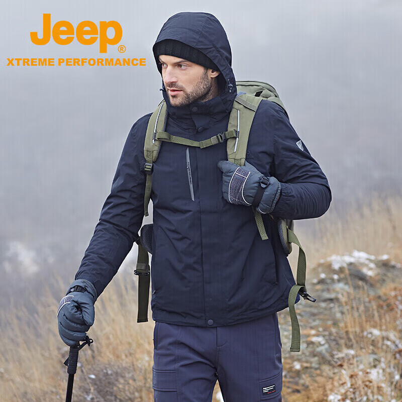Jeep 男士冲锋衣抓绒两件套 户外冲锋衣男三合一情侣款防风防水保暖防寒服登山外套男 品牌黑 XL