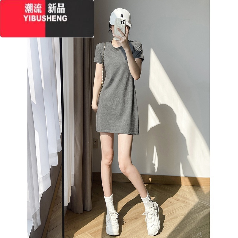 YIBUSHENG圆领灰色收腰短袖T恤中长款连衣裙季简约百搭修身显瘦休闲裙子
