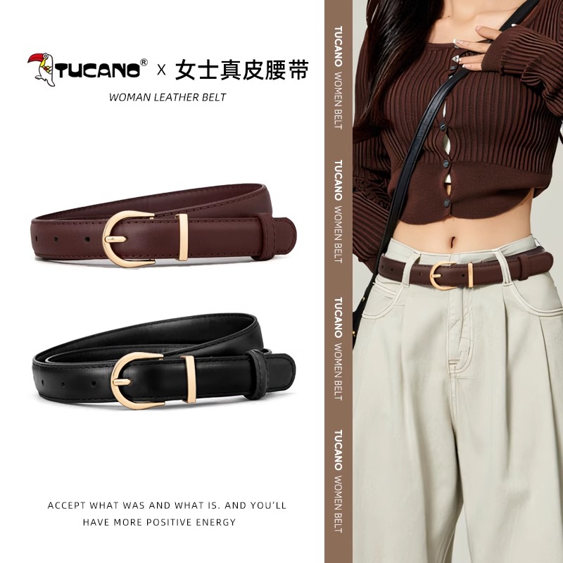 啄木鸟新款牛皮腰带女士装饰配牛仔裤百搭设计感小众时尚真皮皮带高清大图