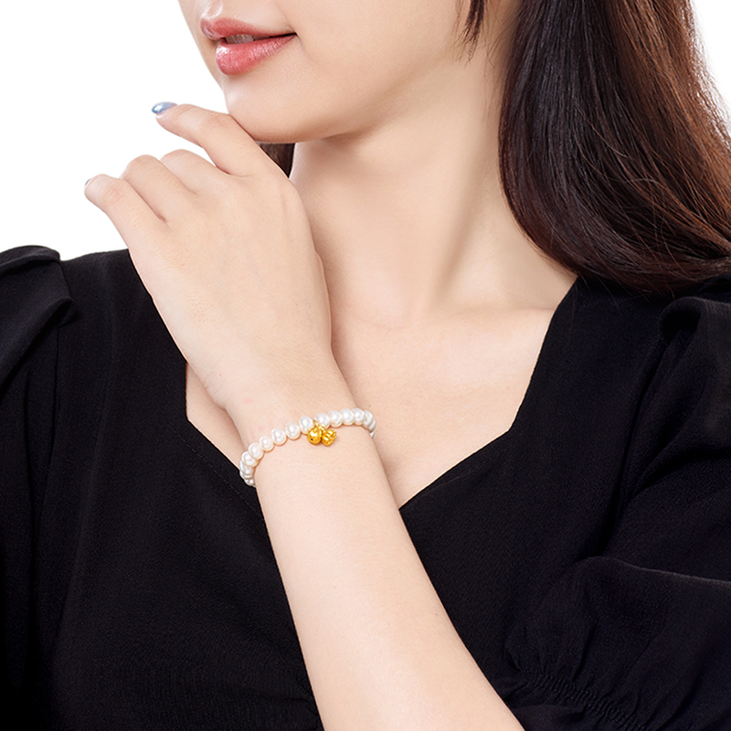 梦金园柿子莲蓬黄金转运珠珍珠手串3d硬金黄金手链足金手链气质送妈妈