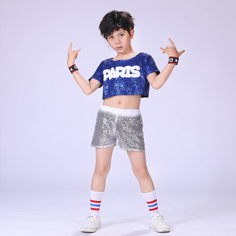 儿童爵士舞服套装漏脐亮片啦啦队啦啦操演出服装女童街舞现代舞服