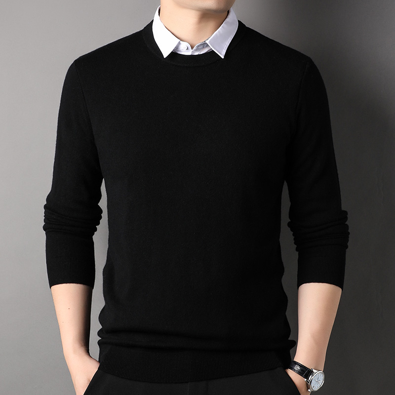鄂尔多市纯山羊绒衫男衬衫领假两件套春秋薄毛衣男打底衫100%羊绒衫男t恤中年初秋爸爸装薄款衬衫领男士单穿衬衣 6172圆领黑色 170/88