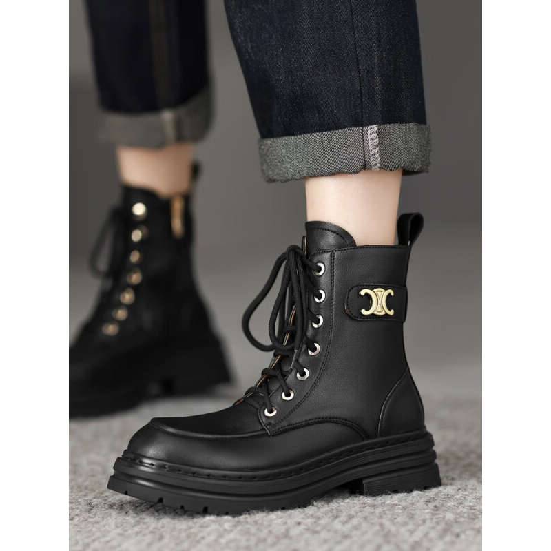 奕珂百丽厚底马丁靴女牛皮圆头中跟短靴子英伦复古骑士靴猪皮里单靴