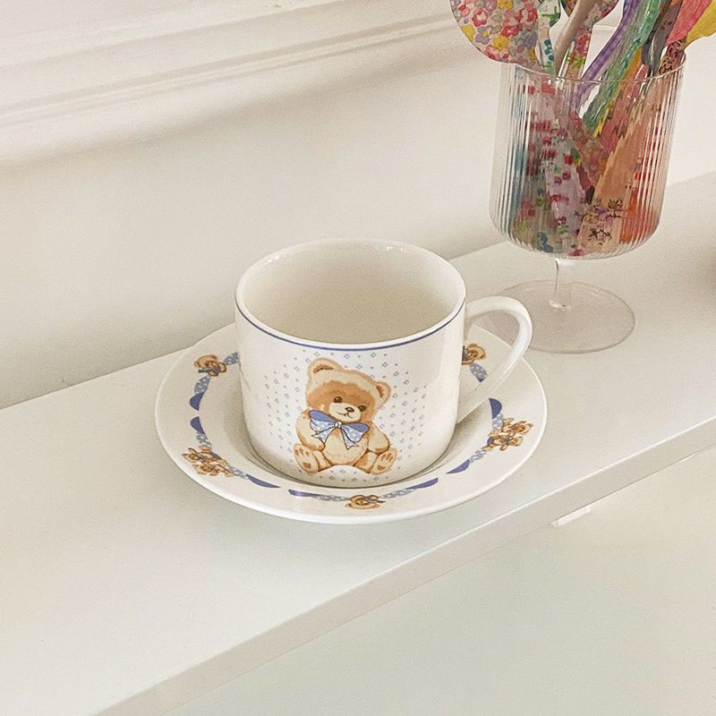 法式复古卡通小熊咖啡杯下午茶咖啡杯子家用杯碟ins风陶瓷杯盘 法式小熊咖啡碟