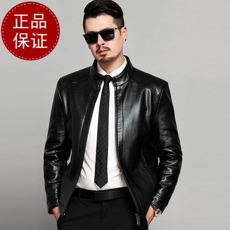 免费试穿 海宁绵羊皮软皮衣男真皮短款立领真羊皮中年机车皮夹克修身外套潮海宁真皮绵羊皮图片
