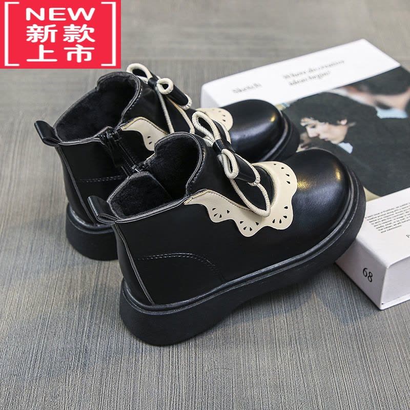 可莉允女童公主蝴蝶结马丁靴2022冬季儿童靴子皮靴女加绒短靴保暖雪地靴图片