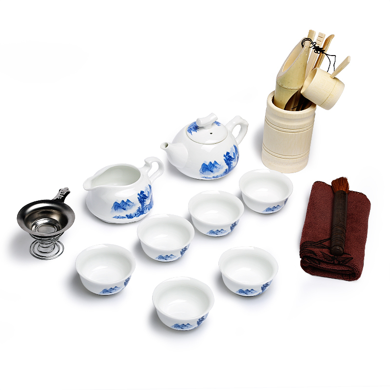 常生源 陶瓷功夫茶具套装 手绘 一壶六杯 茶道 茶漏 春山茶具套组