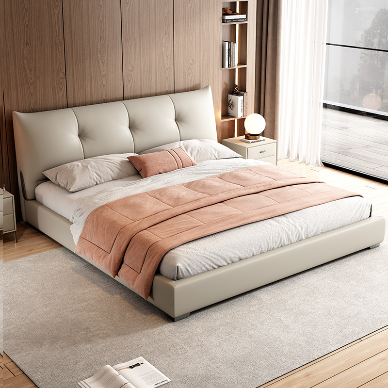 意式纳帕真皮床轻奢现代简约双人床主卧室实木储物床家用软包高清大图