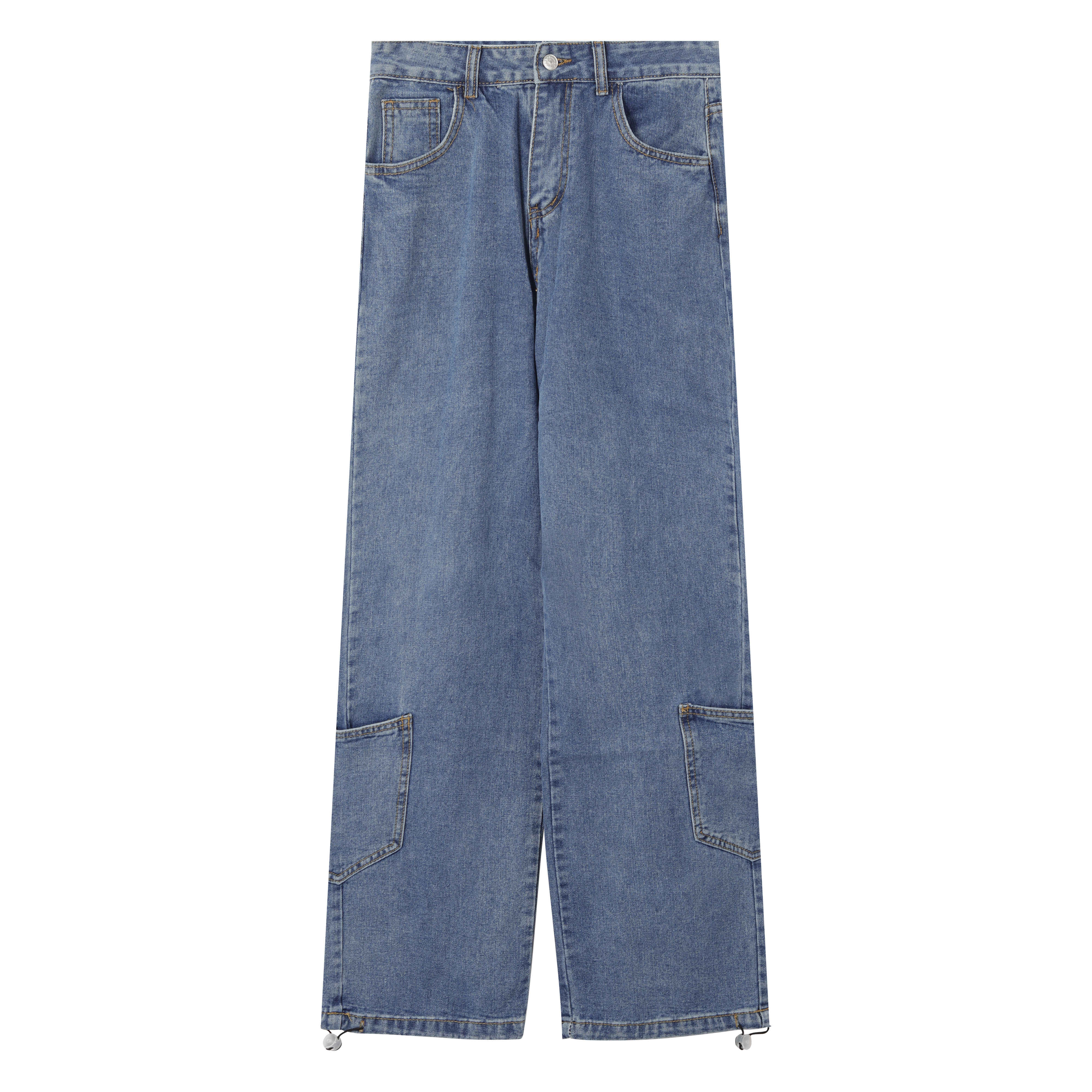 suntek牛仔裤女侧边口袋束脚工装裤子春装韩版高腰显瘦撞色阔腿裤长裤