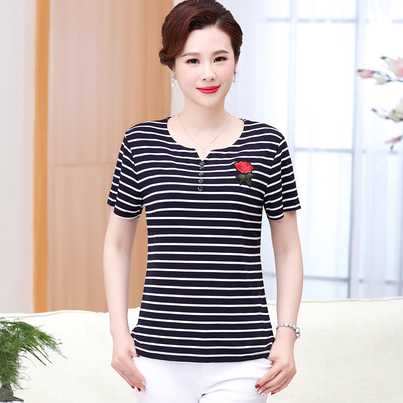 黑白条纹女t恤上衣中年显瘦短袖大码宽松妈妈夏装粗横条v领海魂衫