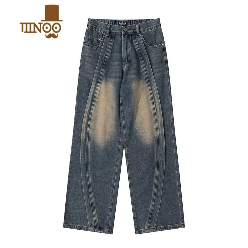 YANXU美式高街oversize拼接牛仔裤男设计感青年宽松直筒阔垂感腿长裤r高清大图