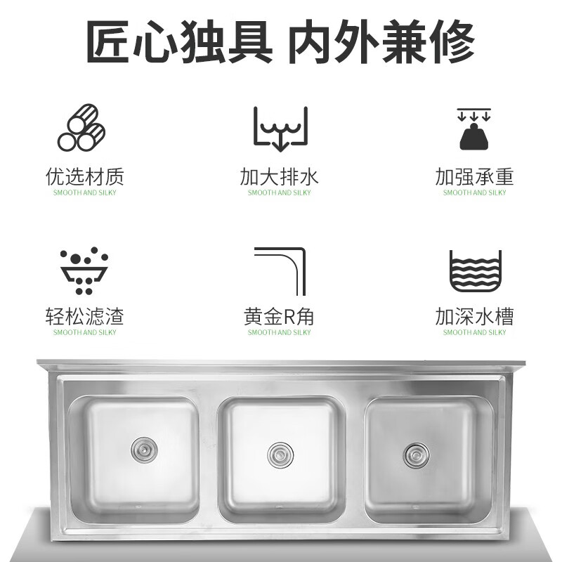 圣托(Shentop)食堂厨房三星水池商用 不锈钢三槽洗菜盆带围板 酒店饭店水槽洗碗池STTC-BB18C高清大图