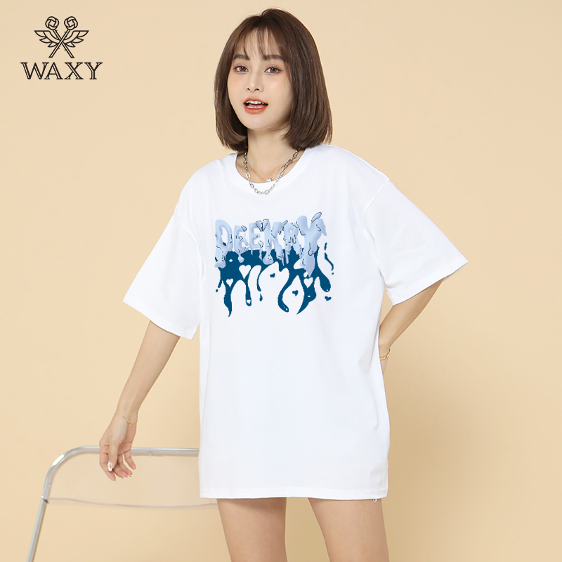 WAXY春夏季纯棉短袖T恤女宽松时尚圆领百搭韩版上衣学院风ins