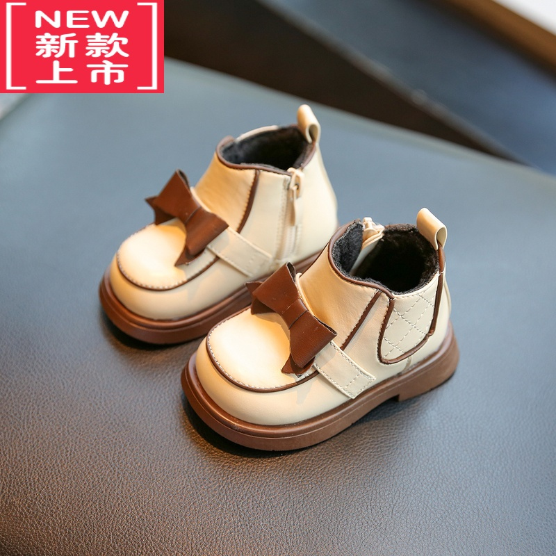 可莉允女宝宝鞋子小皮鞋冬季加绒短靴小童公主鞋女童靴子婴儿学步鞋