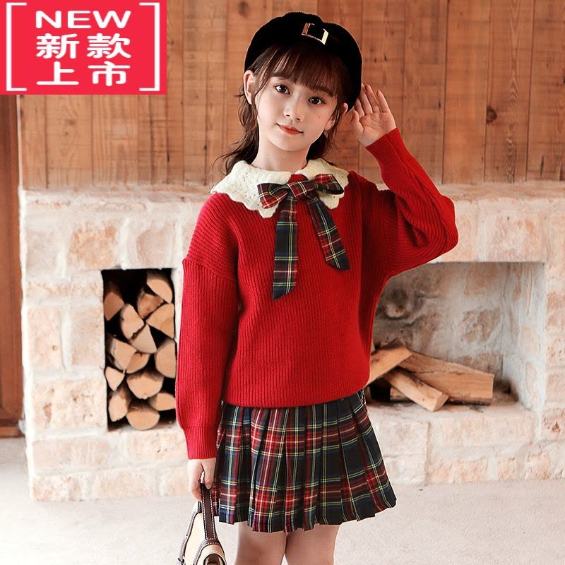 可莉允女童JK套装毛衣秋装大童洋气学院风裙子红色针织秋冬学生儿童童装图片
