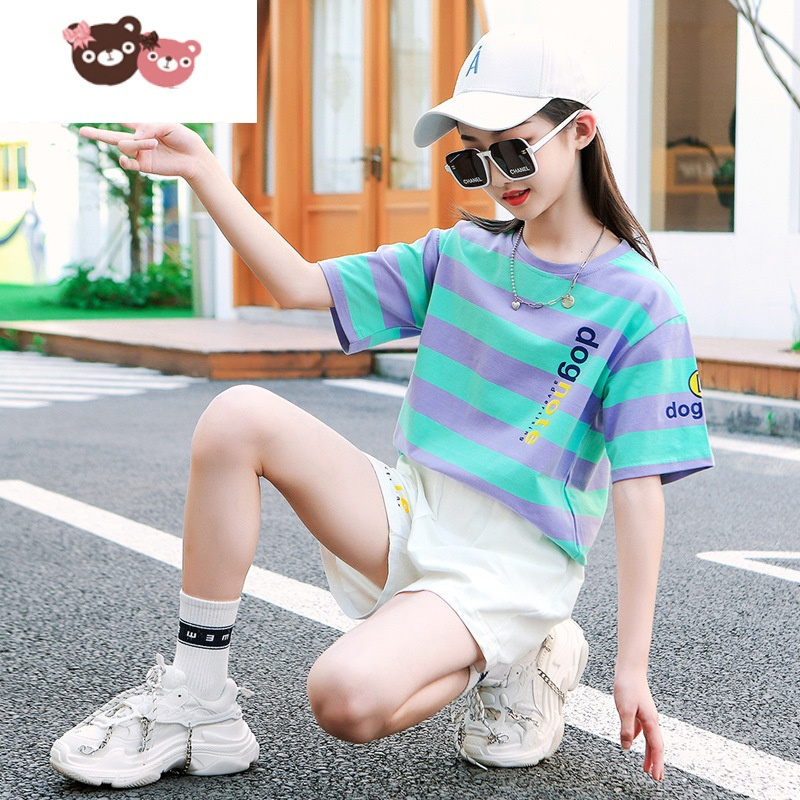 绿彩虹光女童夏装运动套装时髦洋气新款大童中童女孩衣服运动装短裤