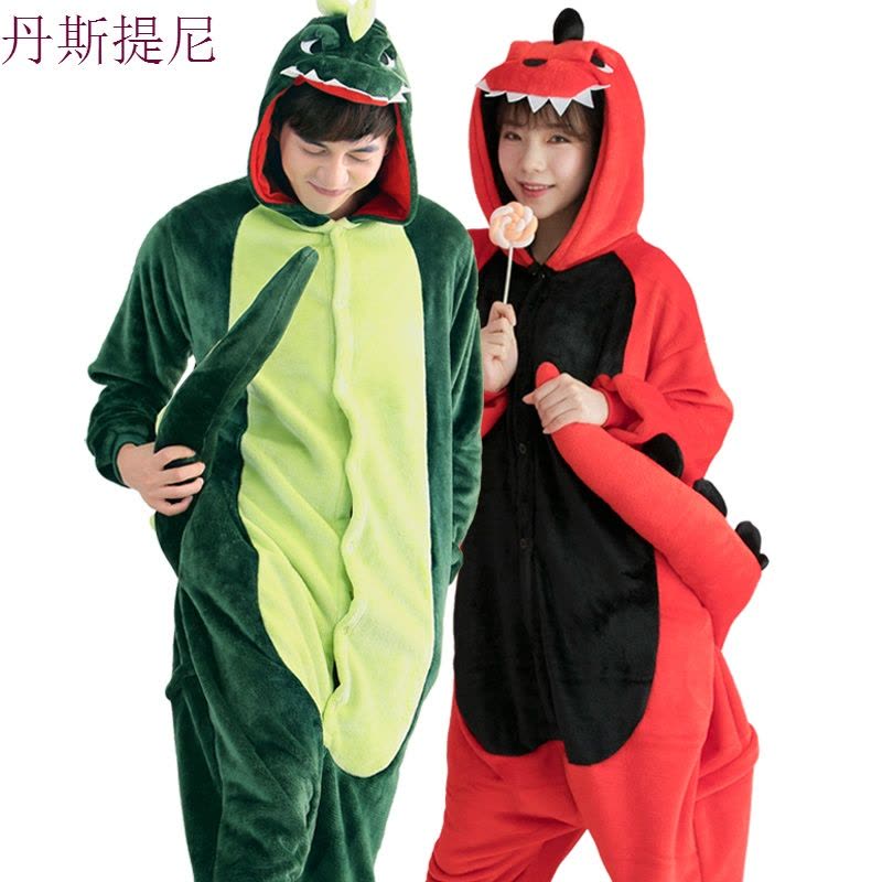皮卡丘卡通连体睡衣女秋冬情侣韩版可爱法兰绒恐龙猫成人男家居服图片