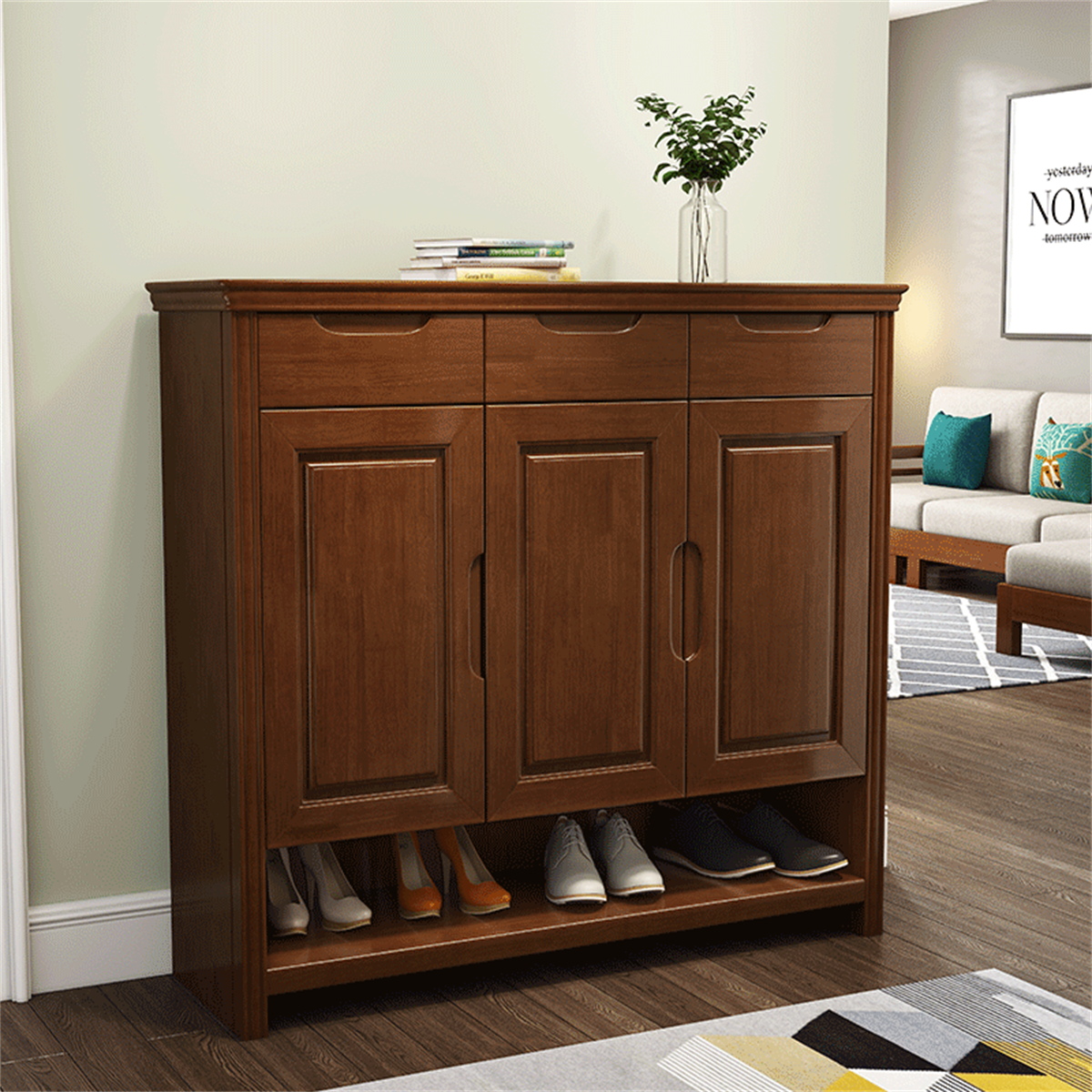 梵宜 鞋柜 实木鞋橱 中式三开门带抽屉玄关防尘鞋柜实木储物收纳柜
