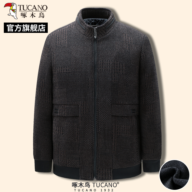 啄木鸟冬季男士保暖立领外套中年爸爸装商务呢子夹克衫棉服上衣外高清大图