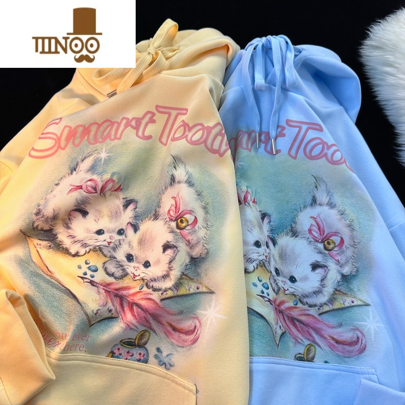 YANXUCURPOPP 甜美小猫咪连帽卫衣男早秋奶系oversize宽松情侣上衣高清大图