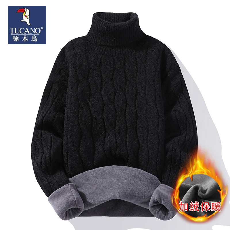 啄木鸟高领毛衣男冬季加绒加厚纯色羊毛衫服保暖打底针织衫男羊衣高清大图