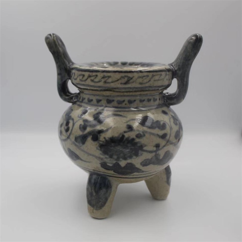 美帮汇景德镇仿古陶瓷元青花全手工手绘缠莲花三足小香炉家居装饰摆件高清大图