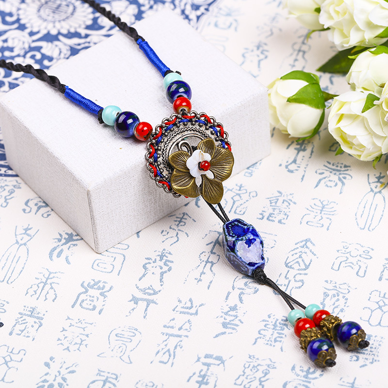 项链女民族风原创手工毛衣链百搭长款长命锁坠配饰民族风挂件女