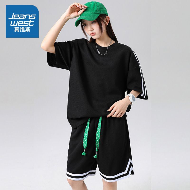 真维斯华夫格运动套装女新款夏季薄款潮牌休闲短袖短裤情侣两件套