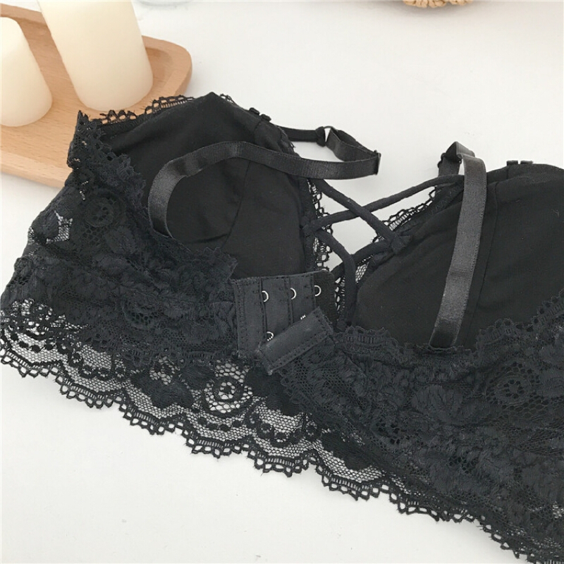 春装女装韩版小性感交叉V型文胸蕾丝钩花带内衣打底抹胸女黑色均码