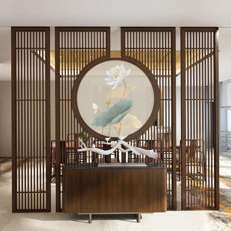 定制中式实木屏风隔断墙客厅入户玄关办公室酒店茶室落地栅栏座屏 240X140胡桃木高清大图
